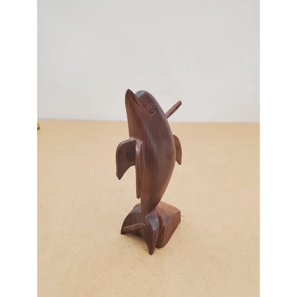 Vintage Hardwood Dolphin Statue Wood Carving, Rustic Nautical Beach Home Decor - Picture 4 of 15
